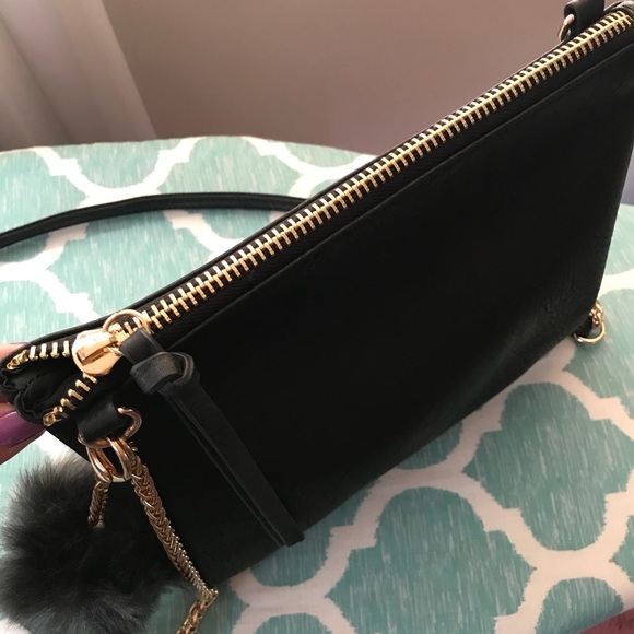 Black Faux Leather Crossbody W/ Fur Puff Charm - Picture 7 of 8